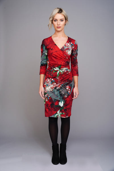 2519 Red Oriental Print Wrap Dress ...